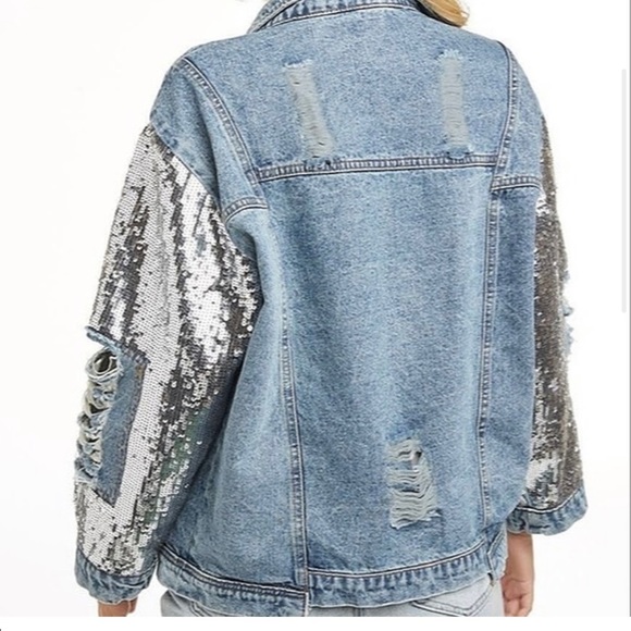 Distressed denim with sequined sleeves jacket - Picture 3 of 15